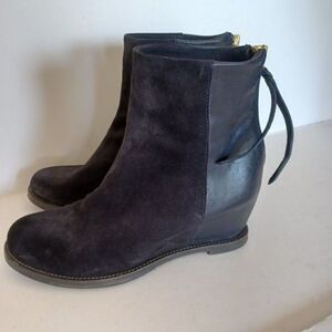 BUTTERO Ankle Boots Minimalist Lagenlook‎ Black Suede Leather Wedge Sz 37.5